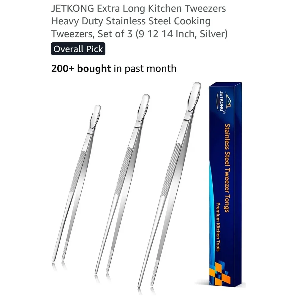 JETKONG 3 Pcs Extra Long Stainless Steel Kitchen Tweezer Tongs 9 12 14 In Silver